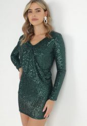 Ciemnozielona Cekinowa Sukienka Mini z Gumką w Pasie Colke. Zielone sukienki damskie Born2be, m, bez wzorów, bez kołnierzyka, bez ramiączek, mini, dopasowane. Za 149.99 zł.