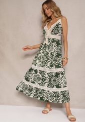 Zielona Sukienka z Bawełny o Rozkloszowanym Kroju w Etniczny Print Taliraya. Zielone sukienki damskie Renee, na co dzień, na lato, l, bez wzorów, z bawełny, bez kołnierzyka, bez ramiączek, midi, rozkloszowane. Za 49.99 zł.