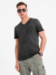 Męski bawełniany t-shirt V-neck z dzianiny z efektem sprania - czarny V6 - Rozmiar: S. Czarne t-shirty męskie Ombre Clothing, l, bez wzorów, z bawełny, bez kołnierzyka, bez ramiączek. W wyprzedaży za 34.99 zł.