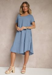 Niebieska Sukienka z Wiskozy o Rozkloszowanym Kroju Irisena. Niebieskie sukienki damskie Renee, na co dzień, l, bez wzorów, z jeansu, eleganckie, bez kołnierzyka, bez ramiączek, midi, proste. Za 49.99 zł.