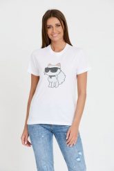 KARL LAGERFELD Biały t-shirt Ikonik 2.0. Białe t-shirty damskie KARL LAGERFELD, xs, bez wzorów, bez kołnierzyka, bez ramiączek. W wyprzedaży za 299.99 zł.