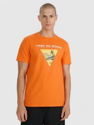 4F T-shirt regular z nadrukiem męski - pomarańczowy M. Brązowe t-shirty męskie 4F, m, bez wzorów, z bawełny, bez kołnierzyka, bez ramiączek. W wyprzedaży za 59.99 zł.
