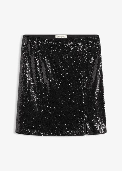 Spódnica mini zdobiona cekinami. Czarne spódnice damskie bonprix, z aplikacjami, eleganckie, mini. Za 129.99 zł.