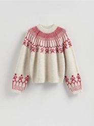 Wzorzysty sweter - beżowy. Brązowe swetry nierozpinane damskie Reserved, l, bez wzorów, z dzianiny, bez kołnierzyka, bez ramiączek. Za 139.99 zł.