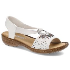 Białe Sandały Rieker Eleganckie Wsuwane Obuwie Damskie. Białe sandały damskie Rieker, bez wzorów, z materiału, bez obcasa, bez zapięcia. Za 239.00 zł.