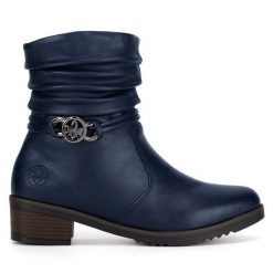 Botki Rieker. Niebieskie botki damskie Rieker, bez wzorów, bez obcasa, na słupku, bez zapięcia. Za 295.00 zł.