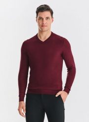 PAKO LORENTE - Bordowy sweter męski v-neck. Czerwone swetry męskie Pako Lorente, na jesień, m, bez wzorów, z nylonu, bez kołnierzyka, bez ramiączek. Za 119.99 zł.