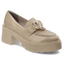 Beżowe Półbuty Armodo Eleganckie Buty Damskie. Brązowe półbuty damskie Armodo, bez wzorów, ze skóry, biznesowe, bez obcasa, na obcasie, bez zapięcia. Za 322.99 zł.