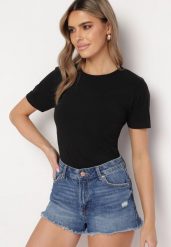 Czarny T-shirt z Okrągłym Dekoltem Idudia. Czarne t-shirty damskie Born2be, l, bez wzorów, z dzianiny, bez kołnierzyka, bez ramiączek. Za 39.99 zł.
