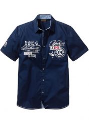 Koszula z krótkim rękawem, Slim Fit. Niebieskie koszule męskie bonprix, l, z aplikacjami, sportowe, bez kołnierzyka, bez ramiączek. Za 117.99 zł.