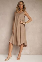 Ciemnobeżowa Basicowa Sukienka o Rozkloszowanym Kroju Mevolira. Brązowe sukienki damskie Renee, na co dzień, l, bez wzorów, eleganckie, bez kołnierzyka, bez ramiączek, midi, rozkloszowane. Za 44.99 zł.