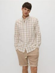 Koszula regular fit w kratę - beżowy. Brązowe koszule męskie Reserved, l, bez wzorów, z bawełny, bez kołnierzyka, bez ramiączek. Za 119.99 zł.