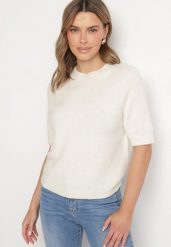 Jasnobeżowy Sweter z Wełną z Krótkim Rękawem Dannoria. Brązowe swetry nierozpinane damskie Born2be, uniwersalny, bez wzorów, z jeansu, eleganckie, bez kołnierzyka, bez ramiączek. Za 149.99 zł.