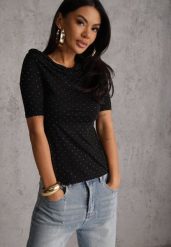 Czarna Bluzka z Dekoltem Typu Łódka Ozdobiona Cyrkoniami Neaninna. Czarne bluzki damskie Renee, m, bez wzorów, z jeansu, eleganckie, bez kołnierzyka, bez ramiączek. Za 54.99 zł.