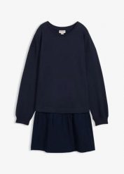 Sukienka dresowa z dołem z tkaniny. Zielone sukienki damskie bonprix, bez wzorów, z dresówki, bez kołnierzyka, bez ramiączek. Za 124.99 zł.