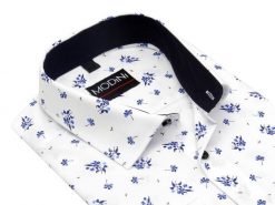 Biała koszula męska Modini w niebieskie kwiaty - 100% bawełna DD5. Białe koszule męskie Modini Moda Męska, m, bez wzorów, z bawełny, biznesowe, bez kołnierzyka, bez ramiączek. W wyprzedaży za 166.50 zł.