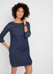 Sukienka jeansowa ze stretchem. Niebieskie sukienki damskie bonprix, bez wzorów, z jeansu, bez kołnierzyka, bez ramiączek. Za 139.99 zł.