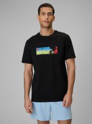 4F T-shirt regular z nadrukiem męski - czarny M. Czarne t-shirty męskie 4F, m, bez wzorów, z bawełny, bez kołnierzyka, bez ramiączek. Za 59.99 zł.