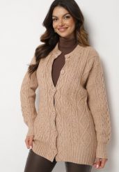 Ciemnobeżowy Rozpinany Kardigan Ozdobiony Tłoczeniem Melorisse. Brązowe kardigany damskie Born2be, z aplikacjami, z jeansu, eleganckie, bez kołnierzyka. Za 139.99 zł.