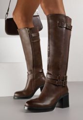 Brązowe Kozaki na Słupku Zdobione Paskami z Klamrami i Elastyczną Wstawką Unelisa. Brązowe kozaki damskie Born2be, z aplikacjami, z jeansu, bez obcasa, na obcasie, bez zapięcia. Za 209.99 zł.