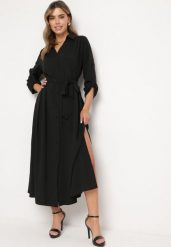 Czarna Rozpinana Sukienka Koszulowa z Regulowanymi Rękawami Grimoire. Czarne sukienki damskie Born2be, na co dzień, l, bez wzorów, eleganckie, bez kołnierzyka, bez ramiączek, maxi, koszulowe. Za 109.99 zł.
