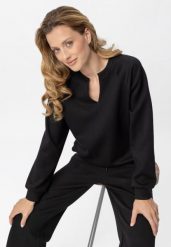 Bluza z dekoltem w serek B-KAYA. Czarne bluzy damskie Volcano, s, bez wzorów, z elastanu, eleganckie, bez ramiączek, bez kaptura. Za 149.99 zł.