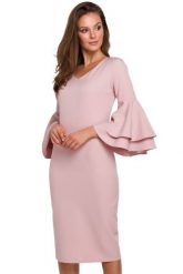 Sukienka na wesele elegancka midi z bufiastymi rękawami pudrowy róż. Czerwone sukienki damskie Makover, na wesele, s, bez wzorów, eleganckie, bez kołnierzyka, bez ramiączek, midi, dopasowane. Za 289.00 zł.