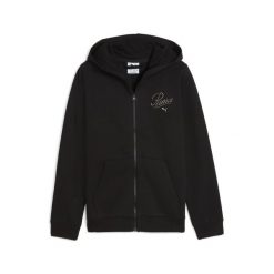 Młodzieżowa rozpinana bluza z kapturem Essentials Script PUMA. Czarna bluzy damskie Puma, na jesień, m, bez wzorów, z dzianiny, eleganckie, bez ramiączek, z kapturem. Za 140.99 zł.