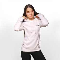 Bluza damska fitness z kapturem biała PRO Hoodie. Białe bluzy damskie GYMBEAM, xs, bez wzorów, z bawełny, bez ramiączek, z kapturem. Za 88.90 zł.