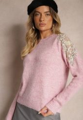Różowy Sweter z Przezroczystymi Wstawkami z Cyrkoniami Perełkami i Cekinami z Wełną Tiarinae. Czerwone swetry nierozpinane damskie Renee, bez wzorów, z jeansu, biznesowe, bez kołnierzyka, bez ramiączek. Za 159.99 zł.