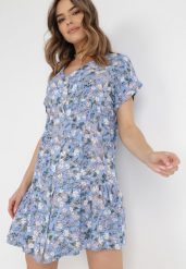 Niebieska Sukienka Dianone. Niebieskie sukienki damskie Born2be, na lato, l, bez wzorów, bez kołnierzyka, bez ramiączek, mini, rozkloszowane. Za 84.99 zł.