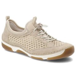 Półbuty damskie Rieker, cholewka ze skóry ekologicznej z przewiewnymi wstawkami z siateczki elastyczne sznurowanie wsuwany fason, beżowe, 55960-60. Brązowe półbuty damskie Rieker, bez wzorów, ze skóry ekologicznej, bez obcasa, na płaskiej podeszwie, bez zapięcia. Za 305.90 zł.
