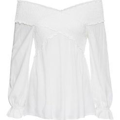 Bluzka "carmen" z przeszyciem cienkimi gumkami bonprix biel wełny. Białe bluzki damskie bonprix, bez wzorów, bez kołnierzyka, bez ramiączek. Za 25.99 zł.