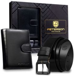 Zestaw prezentowy: skórzany, pionowy portfel męski w czarnym kolorze z systemem RFID i pasek ze skóry naturalnej - Peterson. Czarne portfele męskie Peterson, bez wzorów, ze skóry. Za 129.99 zł.