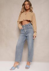 Niebieskie Jeansy High Waist z Bawełną o Kroju Mom Fit Efalina. Niebieskie jeansy damskie Renee, bez wzorów, z bawełny, eleganckie, z podwyższonym stanem. Za 99.99 zł.