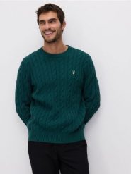 Sweter z bawełną - ciemnozielony. Zielone swetry męskie Reserved, l, bez wzorów, z bawełny, bez kołnierzyka, bez ramiączek. W wyprzedaży za 109.99 zł.