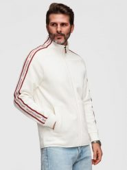 Męska bluza rozpinana z kontrastowymi lampasami i wysoką stójką – kremowa V2 - Rozmiar: M. Białe bluzy męskie Ombre Clothing, m, bez wzorów, z bawełny, sportowe, bez ramiączek, bez kaptura. W wyprzedaży za 146.99 zł.