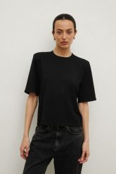 Elastyczny tshirt z PODUSZKAMI w kolorze BLACK- NONCHALANT -S. Czarne t-shirty damskie Marsala, m, bez wzorów, z elastanu, eleganckie, bez kołnierzyka, bez ramiączek. Za 129.90 zł.