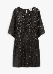 Sukienka oversized z cekinami. Czarne sukienki damskie bonprix, bez wzorów, bez kołnierzyka, bez ramiączek, mini. Za 139.99 zł.
