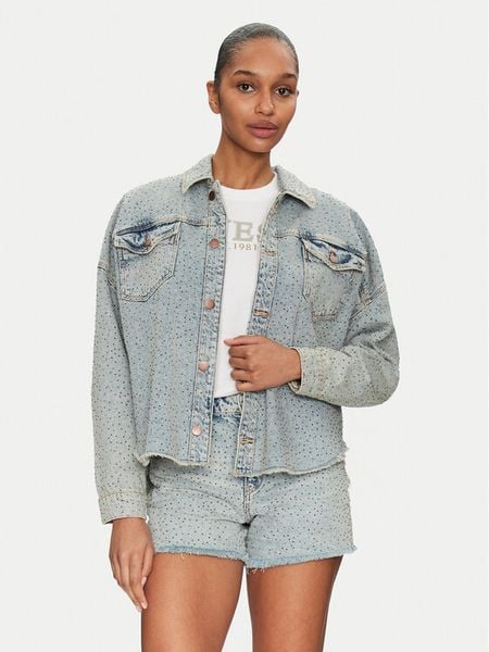 Guess Kurtka jeansowa W5GN90 D5LQ2 Niebieski Regular Fit. Niebieskie kurtki damskie Guess, m, z aplikacjami, z bawełny, bez kaptura. Za 439.99 zł.