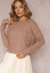 Ciemnobeżowy Sweter z Okrągłym Dekoltem i Splotem w Warkocze Dawnitta. Brązowe swetry nierozpinane damskie Renee, bez wzorów, z dzianiny, casualowe, bez kołnierzyka, bez ramiączek. Za 79.99 zł.