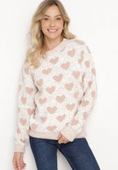 Różowo-Beżowy Sweter z Wełną o Prostym Kroju Zdobiony Wzorem w Serca Zenina. Czerwone swetry nierozpinane damskie Born2be, na zimę, l, z aplikacjami, z wełny, bez kołnierzyka, bez ramiączek. Za 64.99 zł.