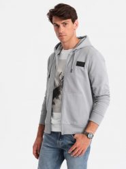 Męska rozpinana bluza dresowa z kapturem i naszywką – szara V1 OM-SSZP-0140 - XXL. Szare bluzy męskie Ombre Clothing, l, z aplikacjami, z bawełny, z kapturem. W wyprzedaży za 99.99 zł.