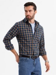 Męska flanelowa koszula w kratę SLIM FIT - granatowo-pomarańczowa V1 - Rozmiar: XL. Niebieskie koszule męskie Ombre Clothing, m, bez wzorów, z bawełny, bez kołnierzyka, bez ramiączek. W wyprzedaży za 49.99 zł.
