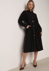 Czarna Wiskozowa Sukienka Koszulowa z Paskiem Andranassa. Czarne sukienki damskie Born2be, na co dzień, l, bez wzorów, ze skóry, eleganckie, bez kołnierzyka, bez ramiączek, koszulowe. Za 139.99 zł.