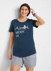 T-shirt bawełniany z marynarskim nadrukiem. Niebieskie t-shirty damskie bonprix, bez wzorów, z bawełny, bez kołnierzyka, bez ramiączek. Za 59.99 zł.