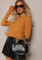 Brązowy Warkoczowy Sweter z Długim Rękawem i Ściągaczami Kaviss. Brązowe swetry nierozpinane damskie Renee, bez wzorów, z dzianiny, casualowe, bez kołnierzyka, bez ramiączek. Za 69.99 zł.