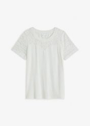 T-shirt z miękkiej wiskozy. Białe t-shirty damskie bonprix, bez wzorów, z koronki, bez kołnierzyka, bez ramiączek. Za 34.99 zł.