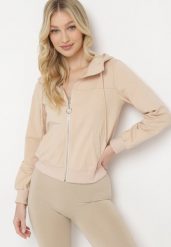 Jasnobeżowa Bluza z Kapturem na Suwak Wykończona Ściągaczami Diacra. Brązowe bluzy damskie Born2be, l, bez wzorów, klasyczne, bez ramiączek, z kapturem. Za 59.99 zł.