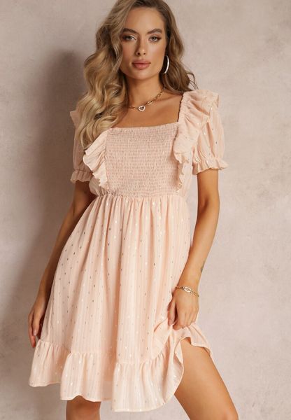 Beżowa Sukienka Mini z Gumką w Talii i Wiązaniem na Plecach Olitisa. Brązowe sukienki damskie Renee, na imprezę, l, bez wzorów, bez kołnierzyka, bez ramiączek, mini, rozkloszowane. Za 59.99 zł.
